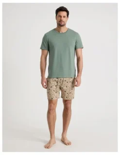Soho Tee and Short Pyjama Set in Khaki Reel Tired Print
