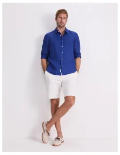 Sportscraft Linen Long Sleeve Delave Shirt in Blue Indigo