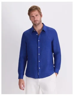 Sportscraft Linen Long Sleeve Delave Shirt in Blue Indigo