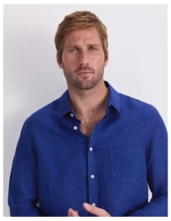 Sportscraft Linen Long Sleeve Delave Shirt in Blue Indigo