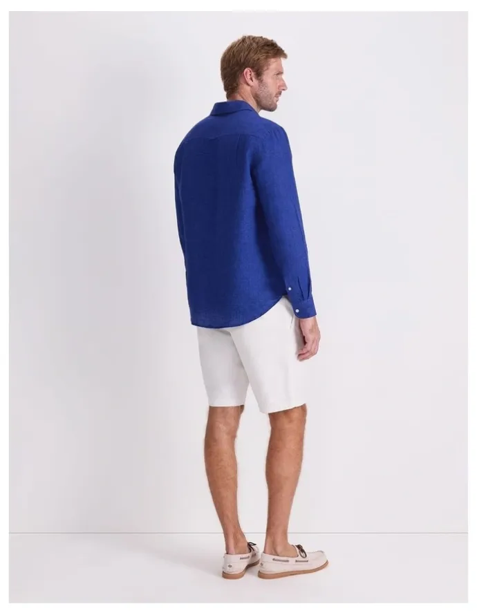 Sportscraft Linen Long Sleeve Delave Shirt in Blue Indigo