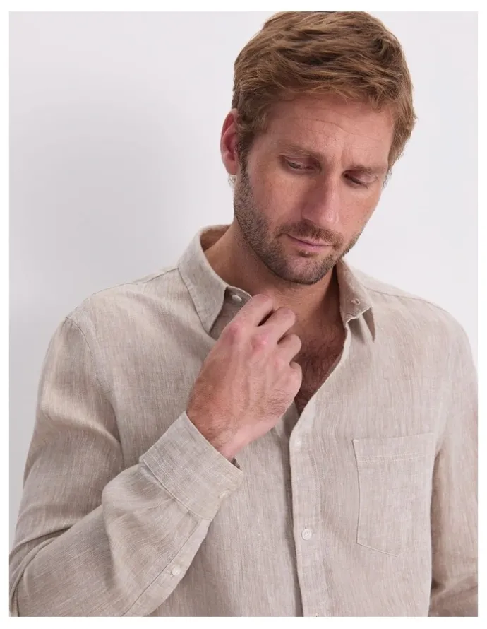 Sportscraft Long Sleeve Linen Yarn-Dyed Shirt in String