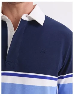 Sportscraft Long Sleeve Stripe Rugby Polo T-shirt in Blue Multi