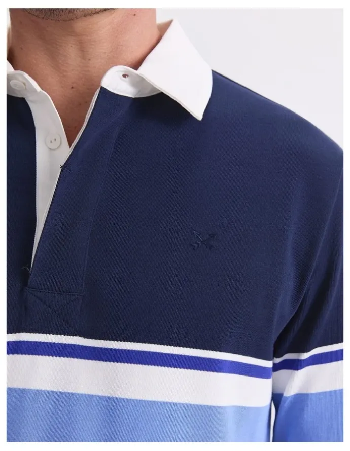 Sportscraft Long Sleeve Stripe Rugby Polo T-shirt in Blue Multi
