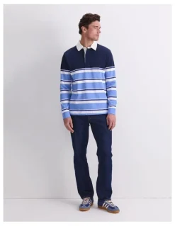 Sportscraft Long Sleeve Stripe Rugby Polo T-shirt in Blue Multi