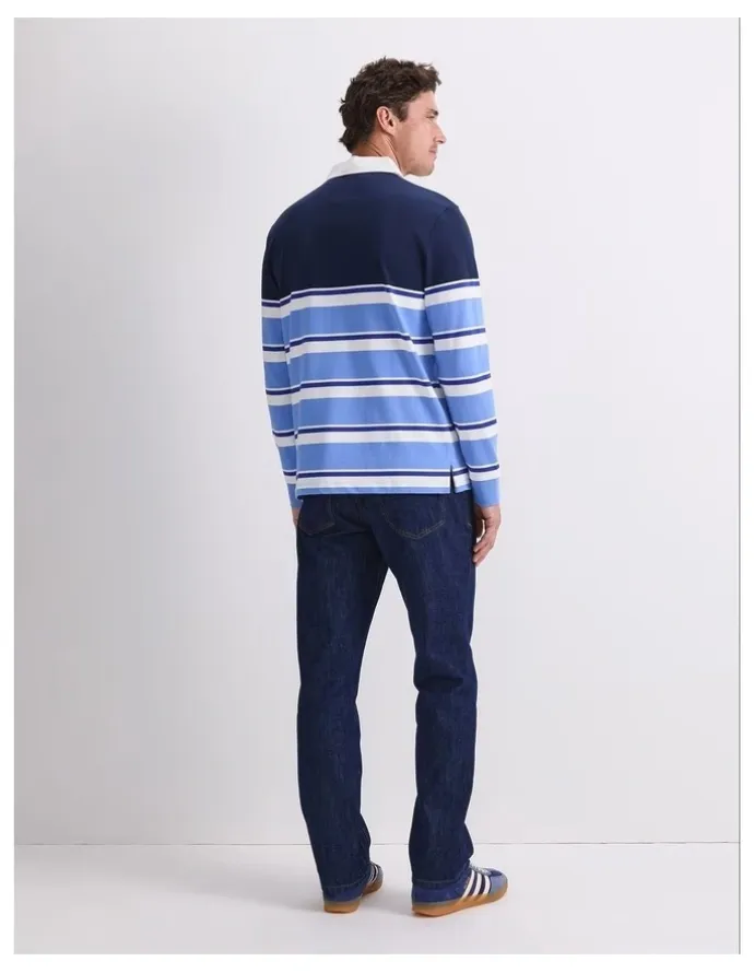 Sportscraft Long Sleeve Stripe Rugby Polo T-shirt in Blue Multi