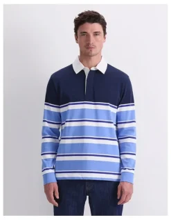 Sportscraft Long Sleeve Stripe Rugby Polo T-shirt in Blue Multi