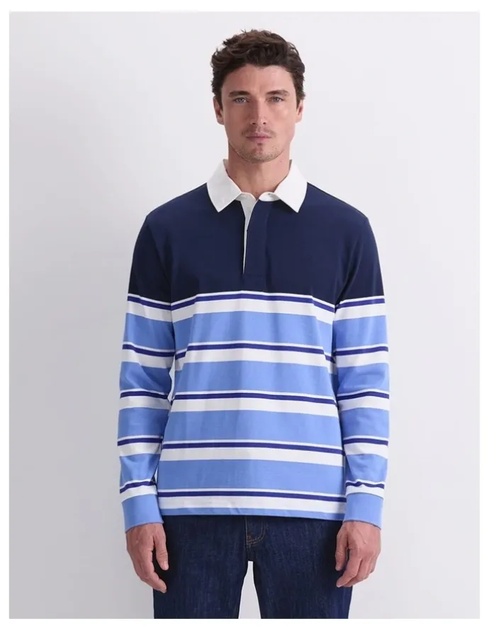 Sportscraft Long Sleeve Stripe Rugby Polo T-shirt in Blue Multi
