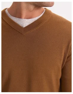 Sportscraft Merino V-Neck Knit Sweater in Brown