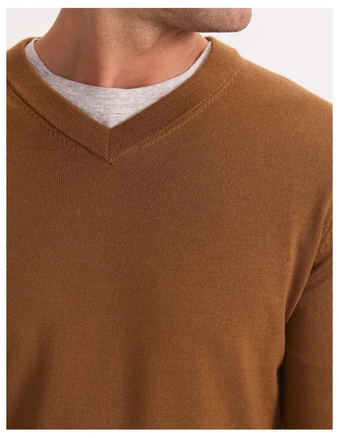 Sportscraft Merino V-Neck Knit Sweater in Brown