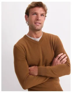 Sportscraft Merino V-Neck Knit Sweater in Brown