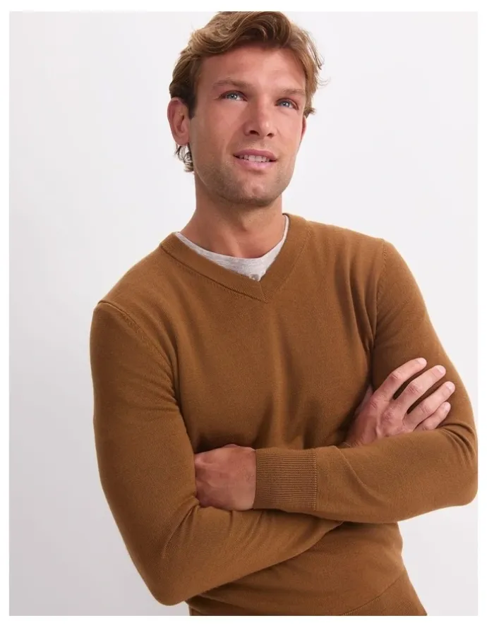 Sportscraft Merino V-Neck Knit Sweater in Brown