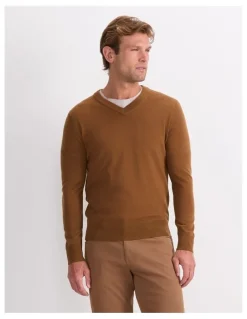 Sportscraft Merino V-Neck Knit Sweater in Brown