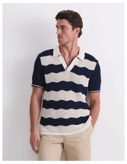 Sportscraft Wave Stripe Knit Polo T-shirt in Navy/White
