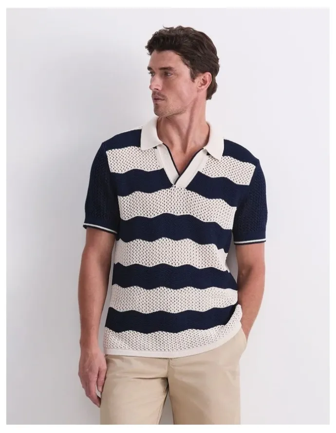 Sportscraft Wave Stripe Knit Polo T-shirt in Navy/White