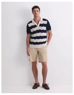 Sportscraft Wave Stripe Knit Polo T-shirt in Navy/White