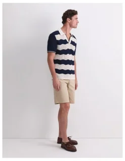 Sportscraft Wave Stripe Knit Polo T-shirt in Navy/White