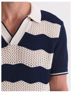 Sportscraft Wave Stripe Knit Polo T-shirt in Navy/White