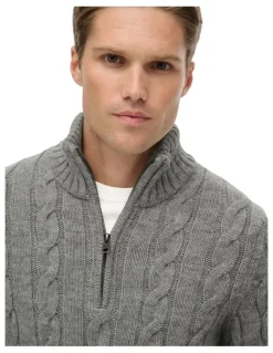Superdry Jacob Cable Knit Half Zip in Mid Grey