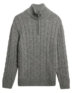 Superdry Jacob Cable Knit Half Zip in Mid Grey