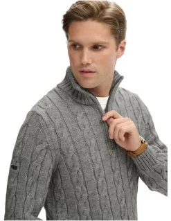 Superdry Jacob Cable Knit Half Zip in Mid Grey