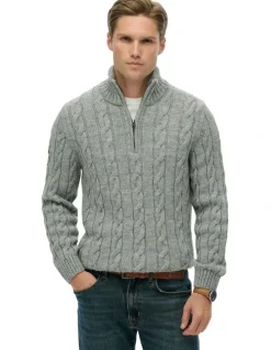 Superdry Jacob Cable Knit Half Zip in Mid Grey