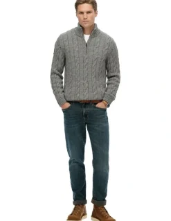 Superdry Jacob Cable Knit Half Zip in Mid Grey