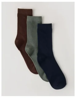 There After 3 Pack Colour Crew Sport Socks in Warm Dark Brown, Olive, and Navy