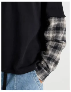 There After Check Hood Double Layer Fleece Sweat in Black