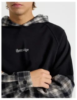 There After Check Hood Double Layer Fleece Sweat in Black
