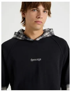 There After Check Hood Double Layer Fleece Sweat in Black