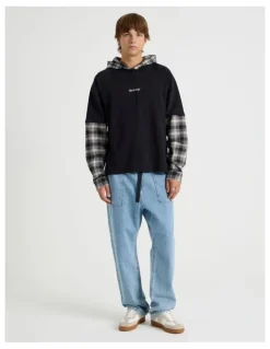 There After Check Hood Double Layer Fleece Sweat in Black