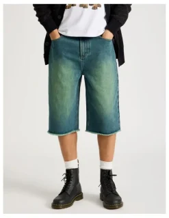 There After Coloured Wash Denim Jorts in Green