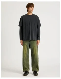 There After Coloured Wash Wide Leg Denim Jeans in Green