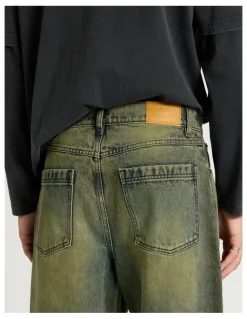 There After Coloured Wash Wide Leg Denim Jeans in Green