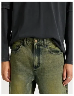 There After Coloured Wash Wide Leg Denim Jeans in Green
