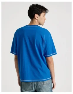 There After Contrast Stitch Print Short Sleeve Tee in Blue