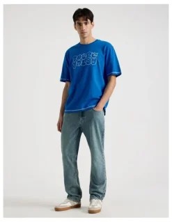 There After Contrast Stitch Print Short Sleeve Tee in Blue