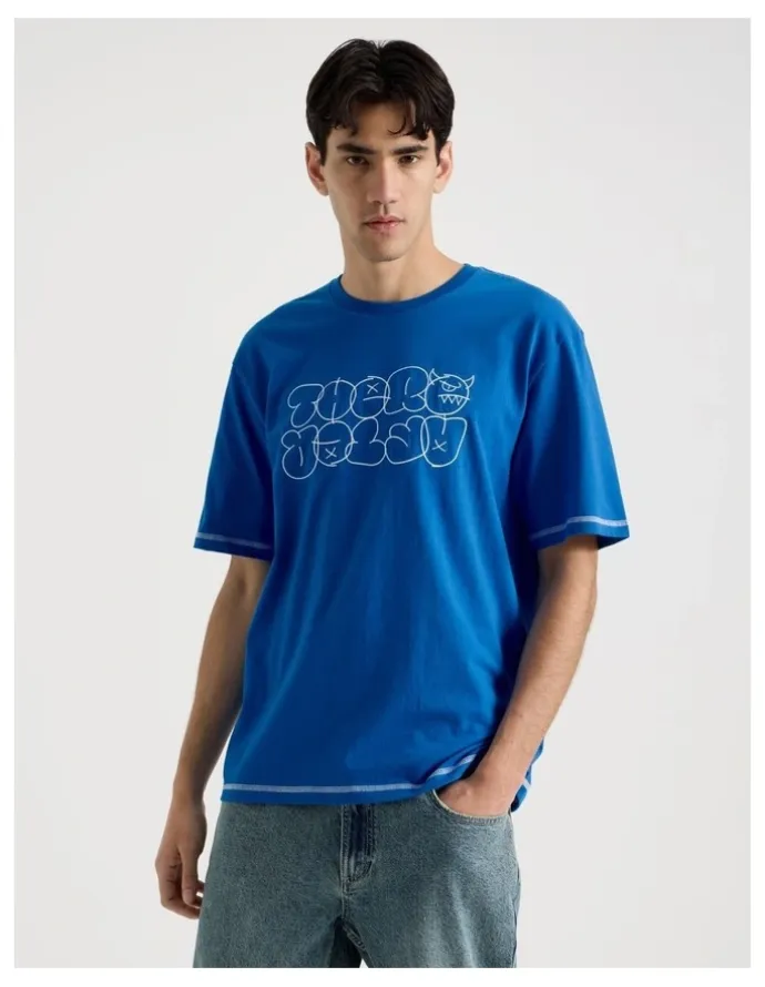 There After Contrast Stitch Print Short Sleeve Tee in Blue