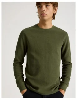 There After Crew Neck Long Sleeve Waffle Knit Top in Olive