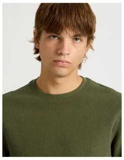 There After Crew Neck Long Sleeve Waffle Knit Top in Olive