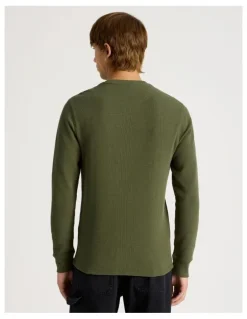 There After Crew Neck Long Sleeve Waffle Knit Top in Olive