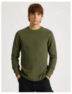 There After Crew Neck Long Sleeve Waffle Knit Top in Olive