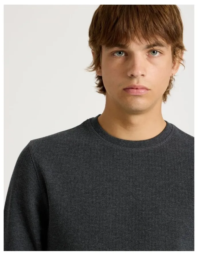 There After Crew Neck Long Sleeve Waffle Knit Top in Charcoal