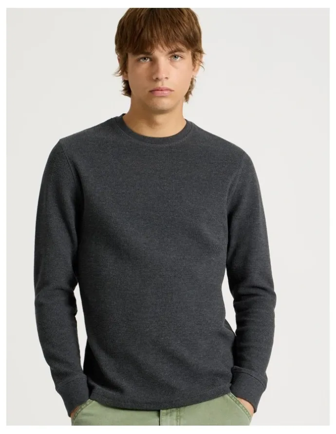 There After Crew Neck Long Sleeve Waffle Knit Top in Charcoal