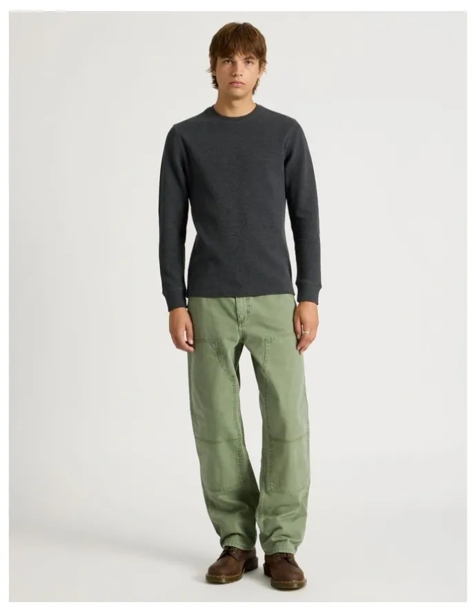 There After Crew Neck Long Sleeve Waffle Knit Top in Charcoal