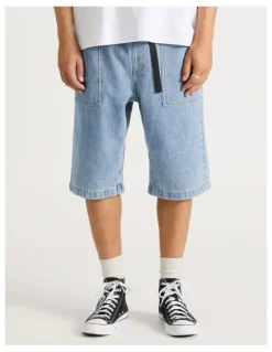There After Denim Shorts with Built-In Belt in Light Blue