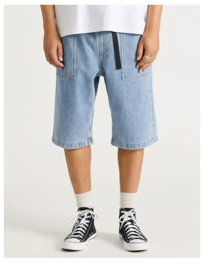 There After Denim Shorts with Built-In Belt in Light Blue