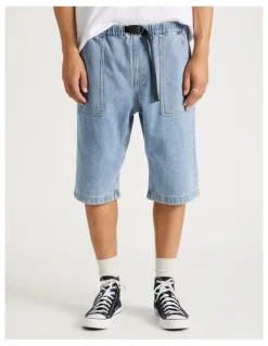 There After Denim Shorts with Built-In Belt in Light Blue