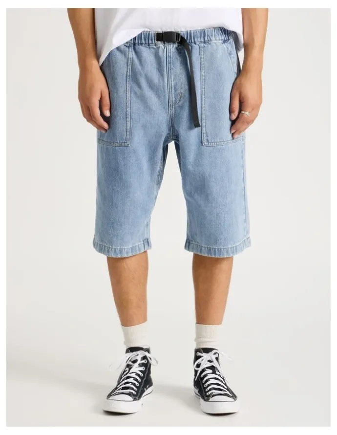 There After Denim Shorts with Built-In Belt in Light Blue